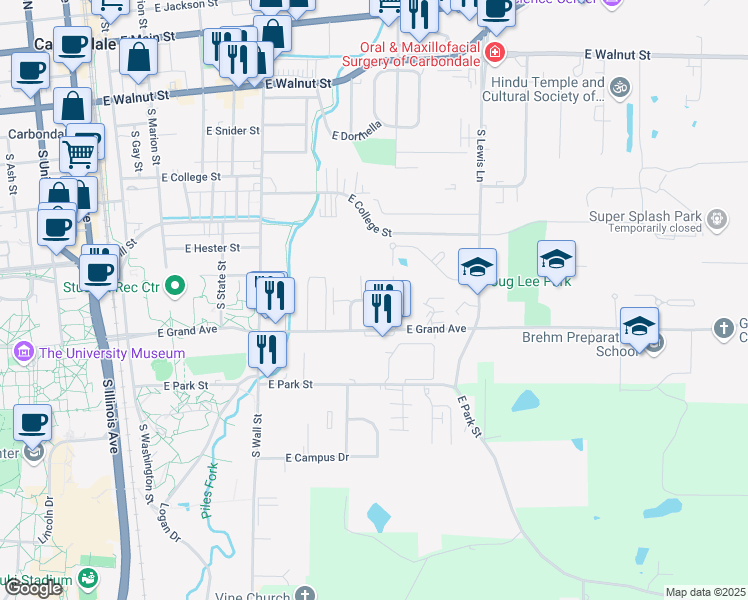 map of restaurants, bars, coffee shops, grocery stores, and more near 800 East Grand Avenue in Carbondale