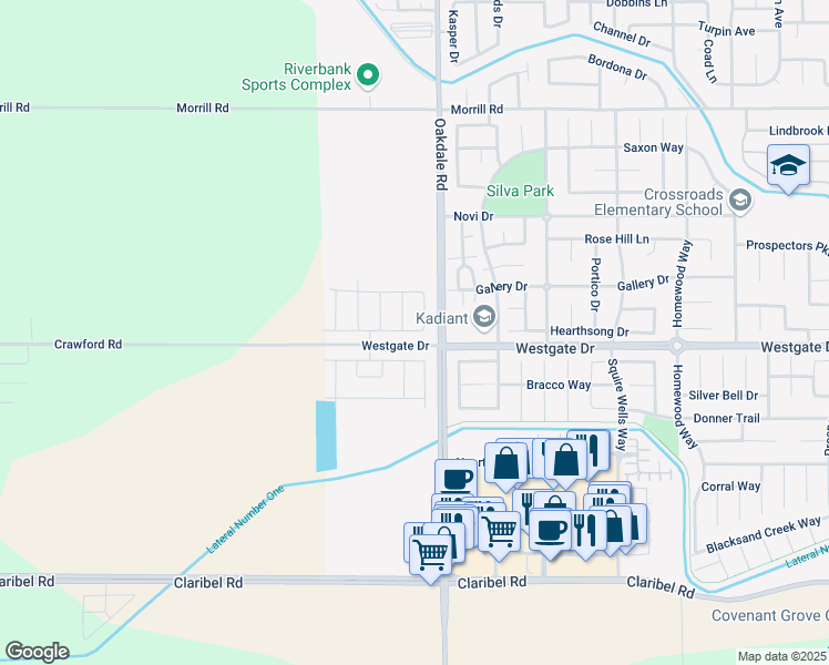 map of restaurants, bars, coffee shops, grocery stores, and more near Crawford Road in Modesto