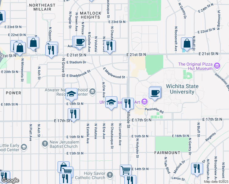 map of restaurants, bars, coffee shops, grocery stores, and more near 1957 North Lorraine in Wichita