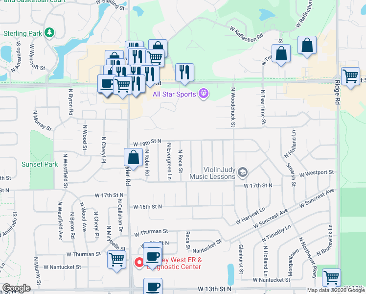 map of restaurants, bars, coffee shops, grocery stores, and more near 1934-1998 North Reca Street in Wichita