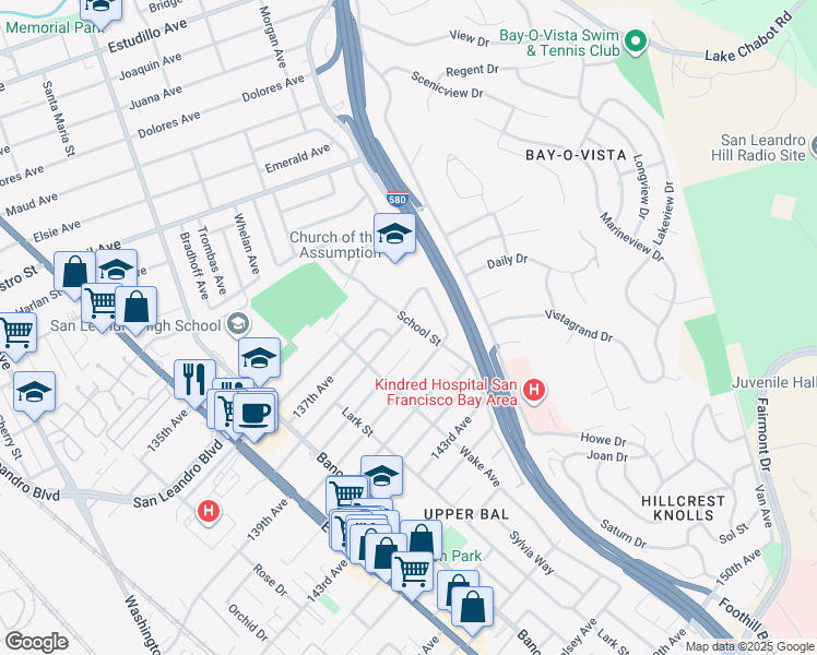 map of restaurants, bars, coffee shops, grocery stores, and more near 1798 138th Avenue in San Leandro