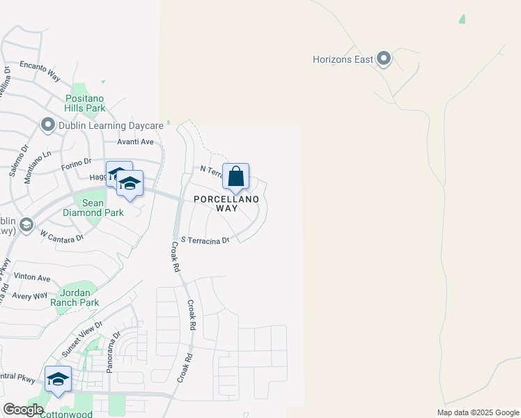 map of restaurants, bars, coffee shops, grocery stores, and more near 1627 North Terracina Drive in Dublin