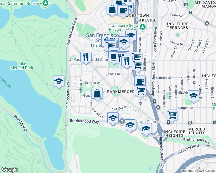 map of restaurants, bars, coffee shops, grocery stores, and more near 411 Font Boulevard in San Francisco