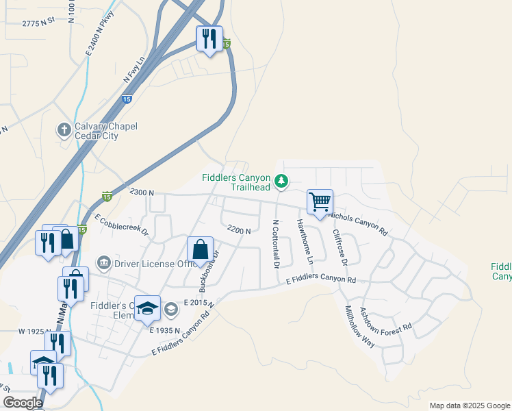 map of restaurants, bars, coffee shops, grocery stores, and more near 2278 Red Cedar Circle in Cedar City