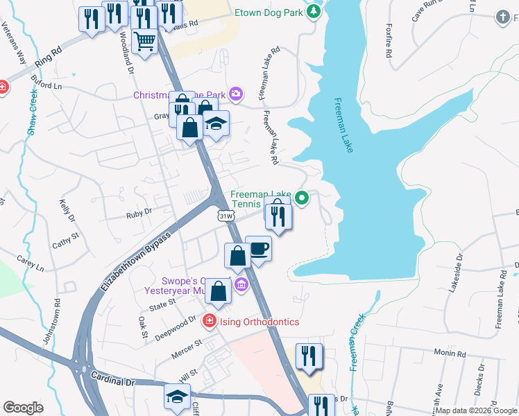 map of restaurants, bars, coffee shops, grocery stores, and more near 166 Freeman Lake Park Road in Elizabethtown