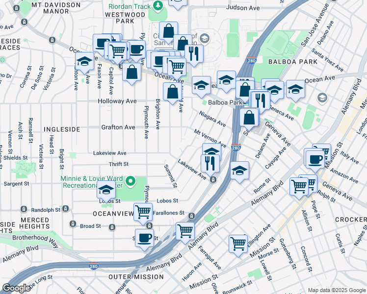 map of restaurants, bars, coffee shops, grocery stores, and more near 368 Howth Street in San Francisco