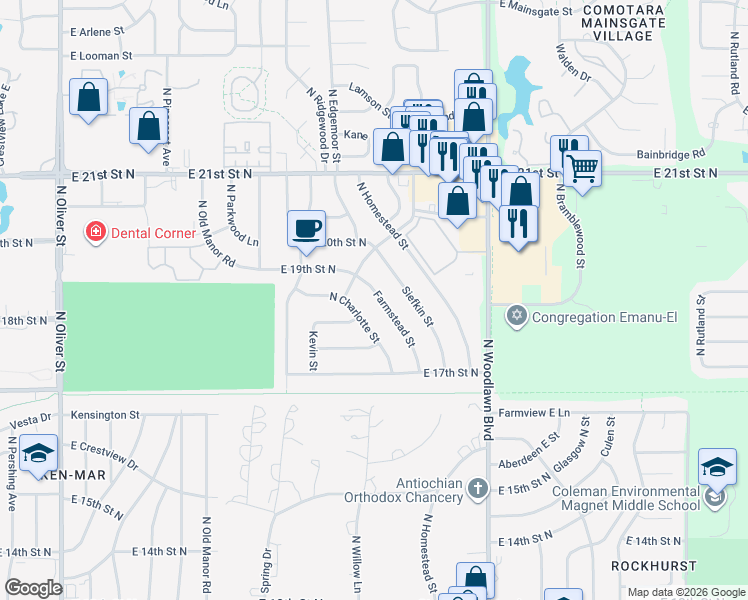 map of restaurants, bars, coffee shops, grocery stores, and more near 1939 Farmstead St in Wichita