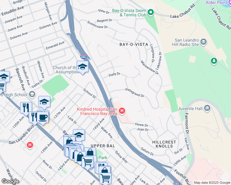 map of restaurants, bars, coffee shops, grocery stores, and more near 1293 Vistagrand Drive in San Leandro