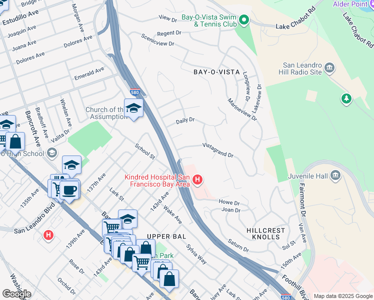 map of restaurants, bars, coffee shops, grocery stores, and more near 1293 Vistagrand Drive in San Leandro