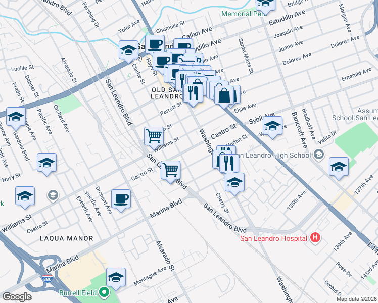 map of restaurants, bars, coffee shops, grocery stores, and more near 320 Castro Street in San Leandro
