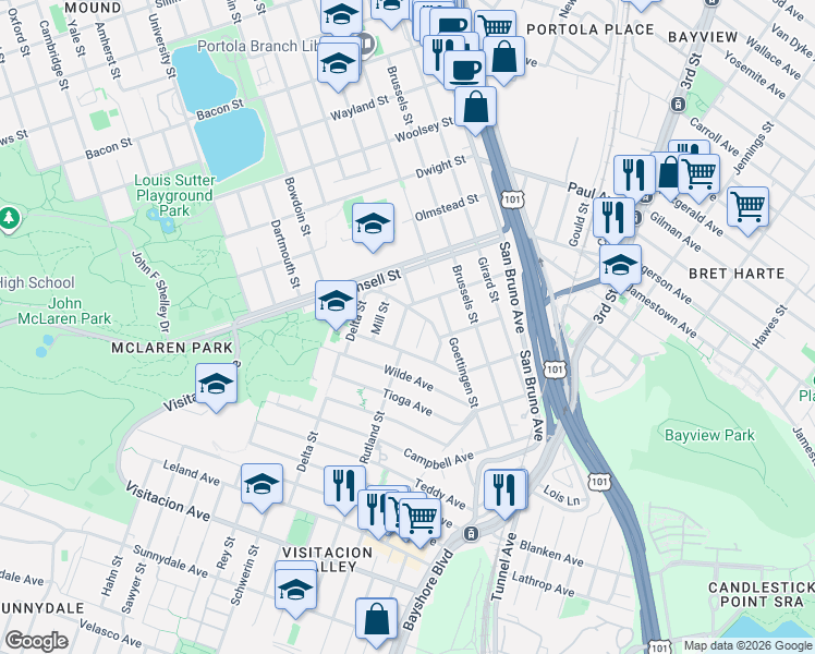 map of restaurants, bars, coffee shops, grocery stores, and more near 65 Ankeny Street in San Francisco