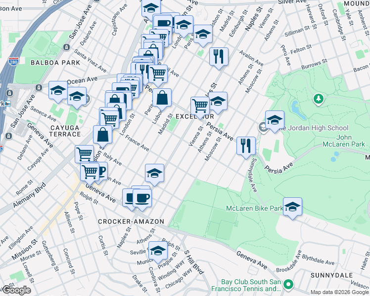 map of restaurants, bars, coffee shops, grocery stores, and more near 597 Vienna Street in San Francisco