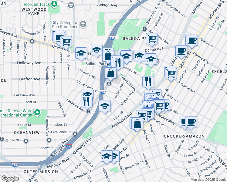 map of restaurants, bars, coffee shops, grocery stores, and more near in San Francisco