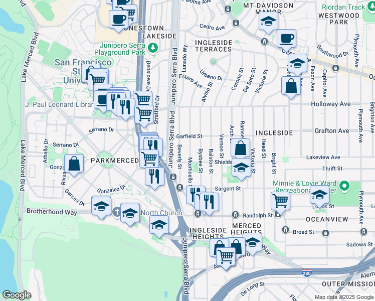 map of restaurants, bars, coffee shops, grocery stores, and more near 262 Monticello Street in San Francisco