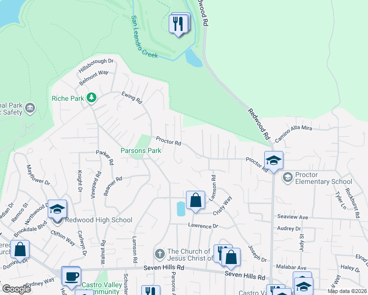map of restaurants, bars, coffee shops, grocery stores, and more near 4683 Proctor Road in Castro Valley