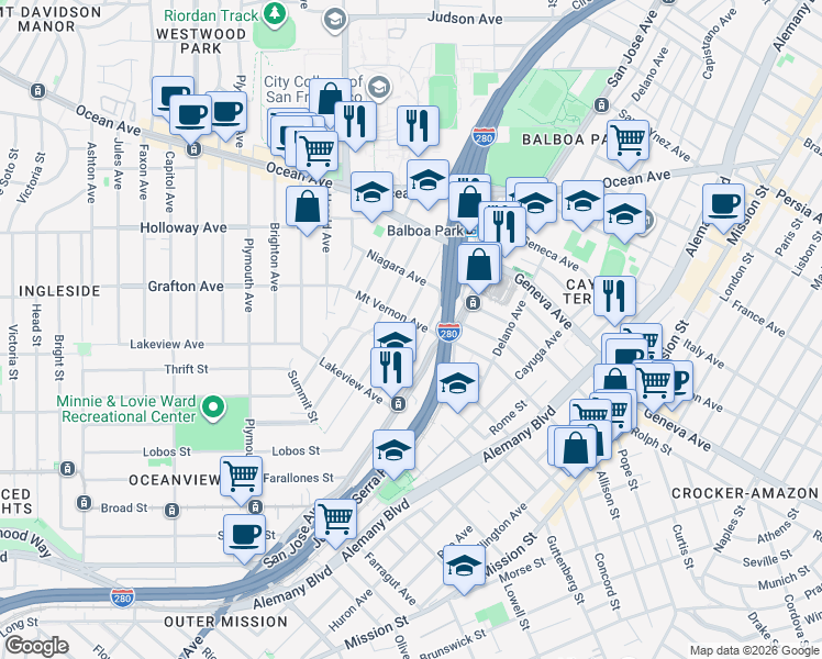 map of restaurants, bars, coffee shops, grocery stores, and more near 510 Mount Vernon Avenue in San Francisco