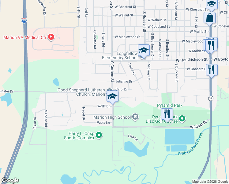 map of restaurants, bars, coffee shops, grocery stores, and more near 1709 Carol Drive in Marion