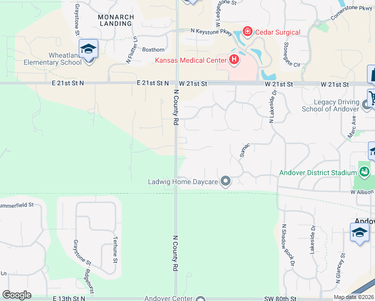 map of restaurants, bars, coffee shops, grocery stores, and more near 1912 North County Line Road in Wichita