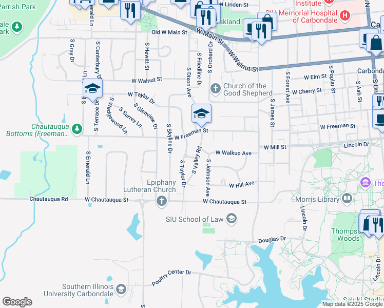 map of restaurants, bars, coffee shops, grocery stores, and more near 809 South Valley Road in Carbondale