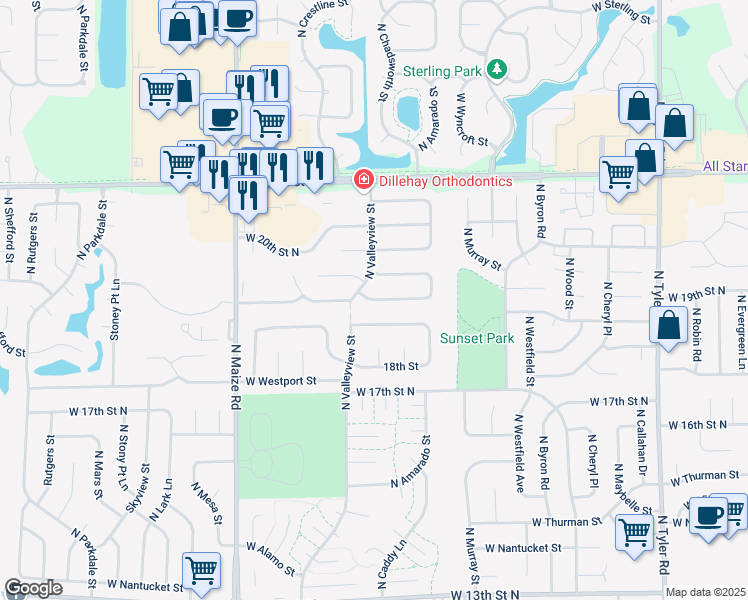 map of restaurants, bars, coffee shops, grocery stores, and more near 9822 West Bella Vista Street in Wichita