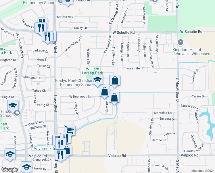 map of restaurants, bars, coffee shops, grocery stores, and more near 56 Mary Court in Tracy