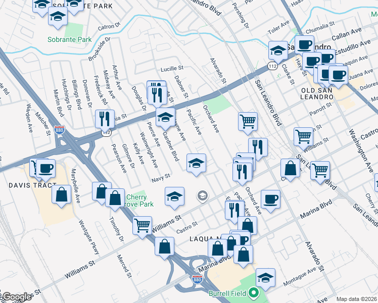 map of restaurants, bars, coffee shops, grocery stores, and more near 1493 Wayne Avenue in San Leandro