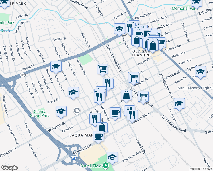 map of restaurants, bars, coffee shops, grocery stores, and more near 1645 Alvarado St in San Leandro