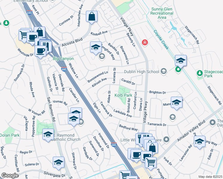 map of restaurants, bars, coffee shops, grocery stores, and more near 8224 Aldea Street in Dublin