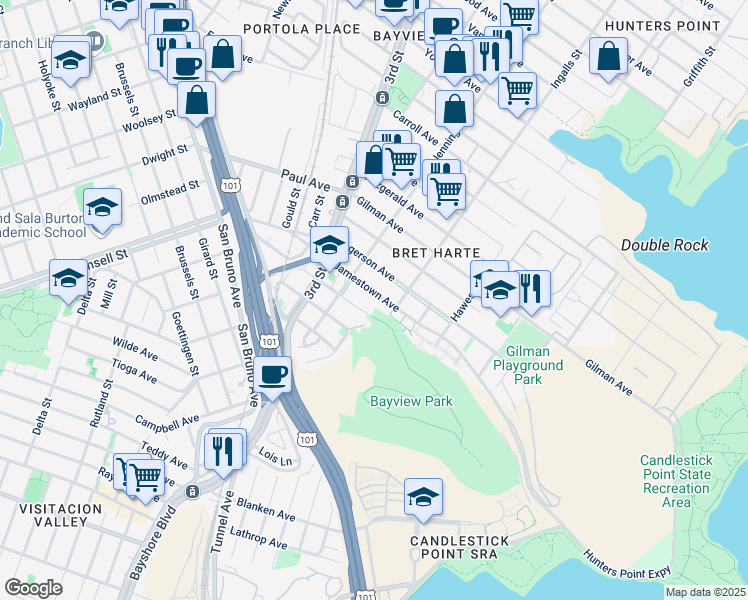map of restaurants, bars, coffee shops, grocery stores, and more near 1039 Jamestown Avenue in San Francisco