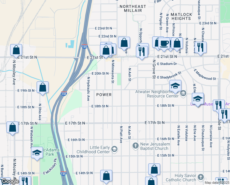 map of restaurants, bars, coffee shops, grocery stores, and more near 1954 North Minnesota Street in Wichita
