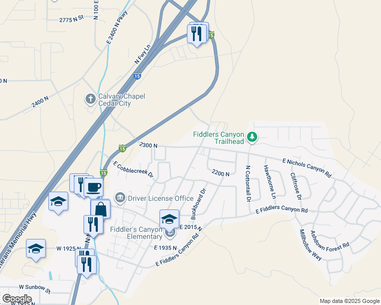 map of restaurants, bars, coffee shops, grocery stores, and more near 2279 North Wedgewood Lane in Cedar City