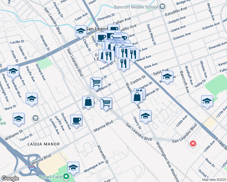 map of restaurants, bars, coffee shops, grocery stores, and more near 1833 Clarke Street in San Leandro