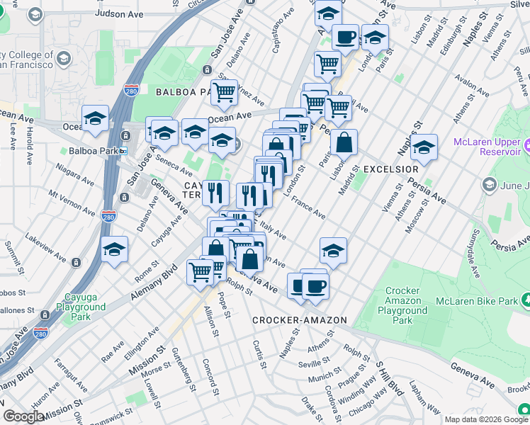 map of restaurants, bars, coffee shops, grocery stores, and more near 4961 Mission Street in San Francisco