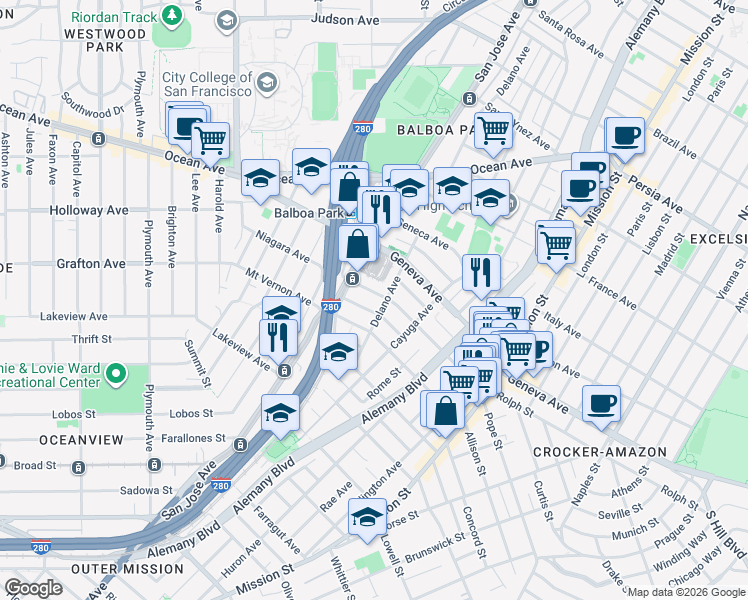 map of restaurants, bars, coffee shops, grocery stores, and more near in San Francisco