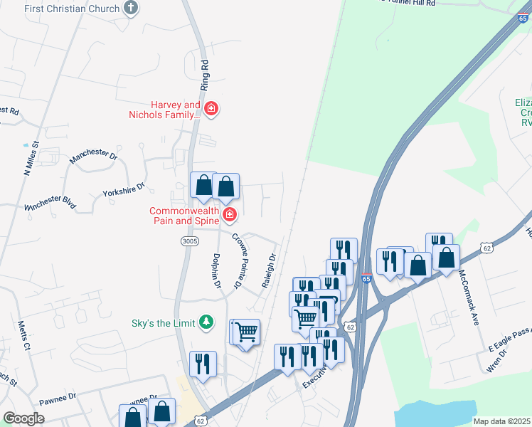 map of restaurants, bars, coffee shops, grocery stores, and more near 108A Crimson Creek Court in Elizabethtown