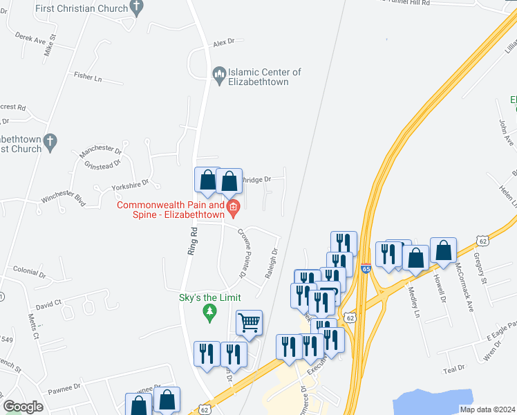 map of restaurants, bars, coffee shops, grocery stores, and more near 103 Plum Creek Court in Elizabethtown