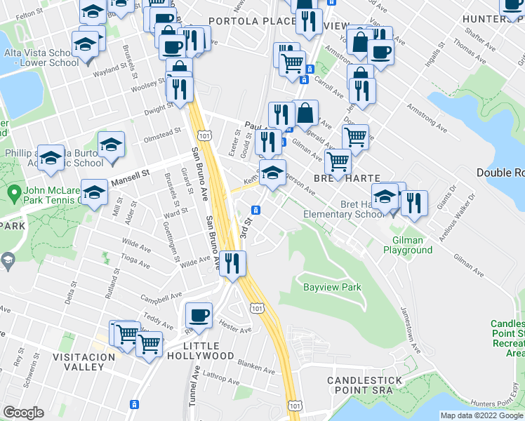 map of restaurants, bars, coffee shops, grocery stores, and more near 1036 Le Conte Avenue in San Francisco