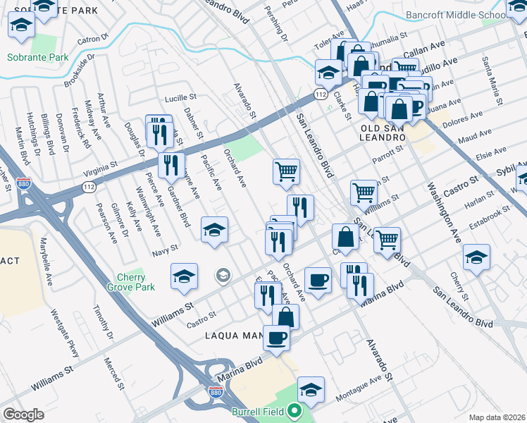 map of restaurants, bars, coffee shops, grocery stores, and more near 1552 Orchard Avenue in San Leandro