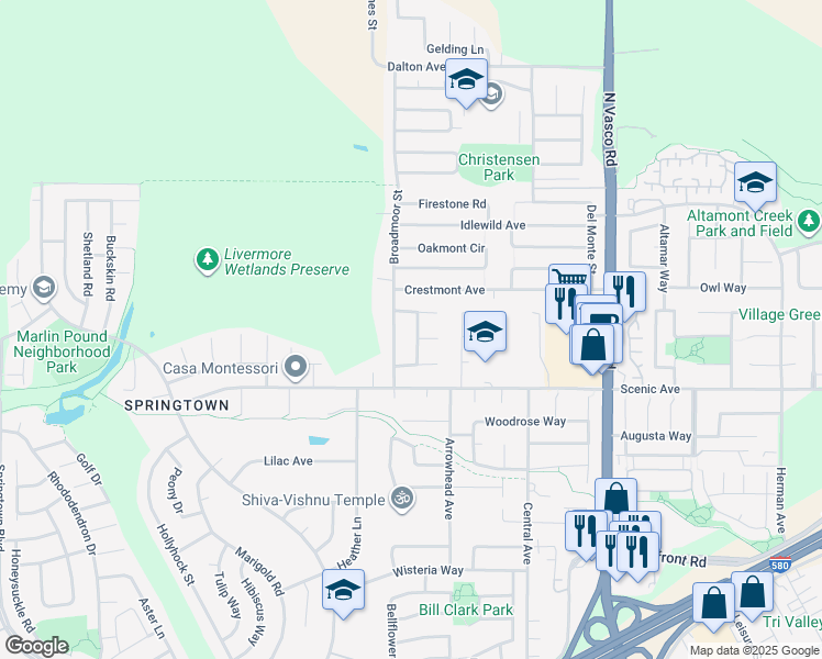 map of restaurants, bars, coffee shops, grocery stores, and more near 1832 Mira Loma Street in Livermore