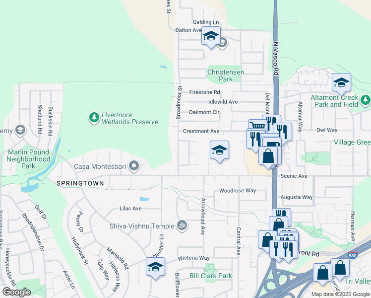 map of restaurants, bars, coffee shops, grocery stores, and more near 1832 Mira Loma Street in Livermore