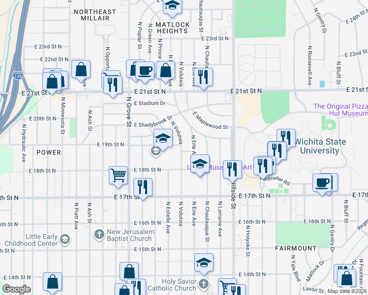 map of restaurants, bars, coffee shops, grocery stores, and more near 1956 Volutsia in Wichita