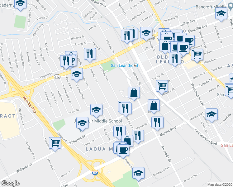 map of restaurants, bars, coffee shops, grocery stores, and more near 1609 Magnolia Lane in San Leandro
