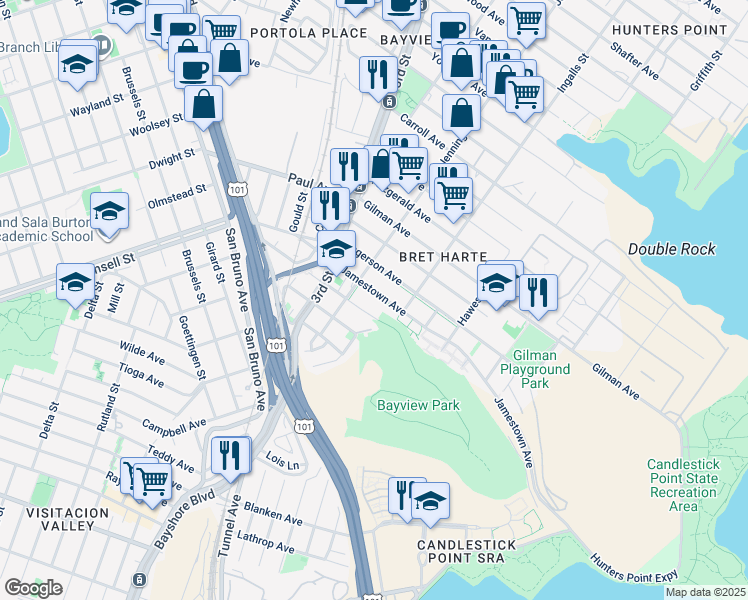 map of restaurants, bars, coffee shops, grocery stores, and more near 3311 Jennings Street in San Francisco