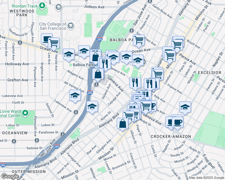 map of restaurants, bars, coffee shops, grocery stores, and more near 51 Seminole Avenue in San Francisco