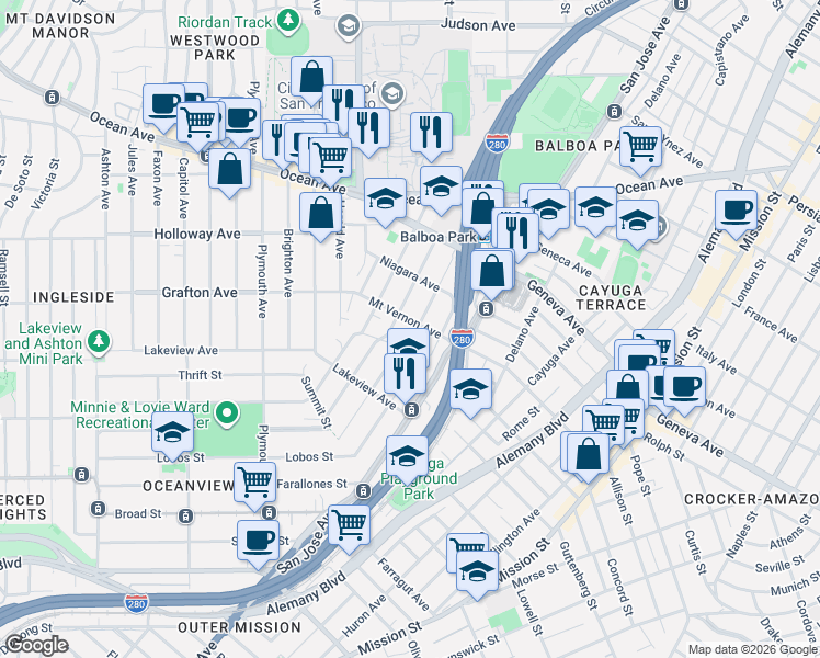 map of restaurants, bars, coffee shops, grocery stores, and more near 325 Louisburg Street in San Francisco