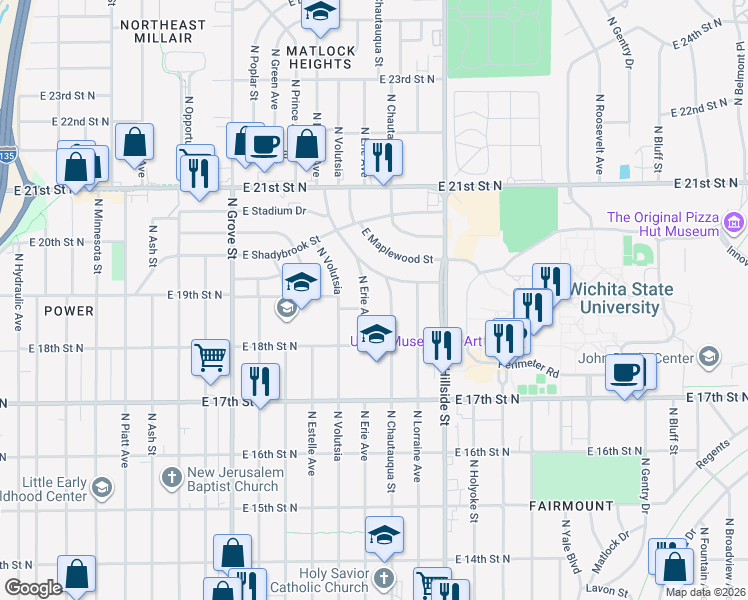 map of restaurants, bars, coffee shops, grocery stores, and more near 1958 North Erie Avenue in Wichita