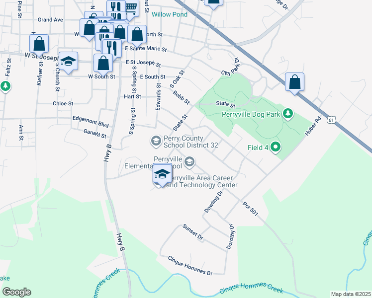 map of restaurants, bars, coffee shops, grocery stores, and more near 510 Schindler Road in Perryville