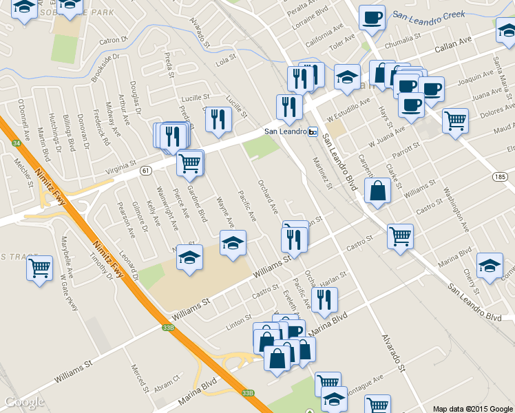 map of restaurants, bars, coffee shops, grocery stores, and more near 1538 Pacific Avenue in San Leandro