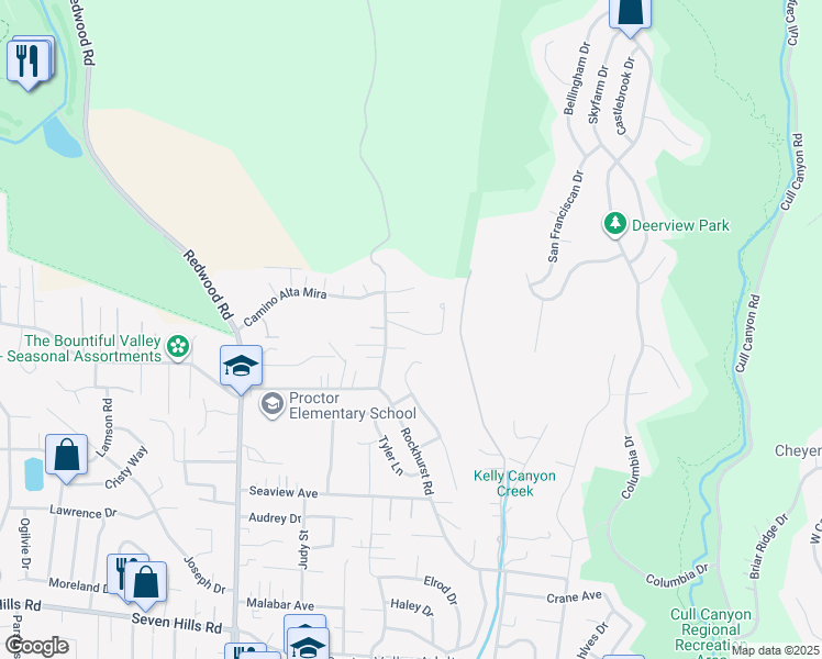 map of restaurants, bars, coffee shops, grocery stores, and more near Willow Glen Place in Castro Valley
