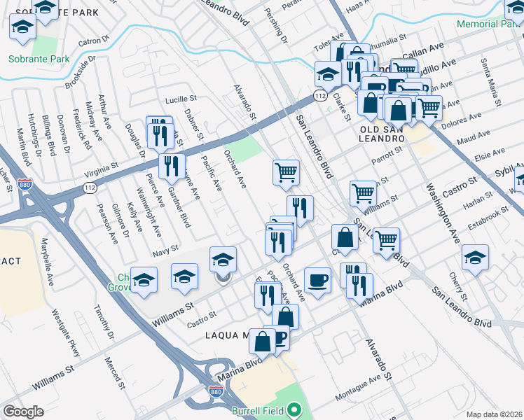 map of restaurants, bars, coffee shops, grocery stores, and more near 1609 Magnolia Lane in San Leandro